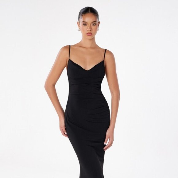 New Mermaid Solid Black Gala Gown w/ Cowl Neckline & Open Lace Back CD T2008 - Picture 1 of 8